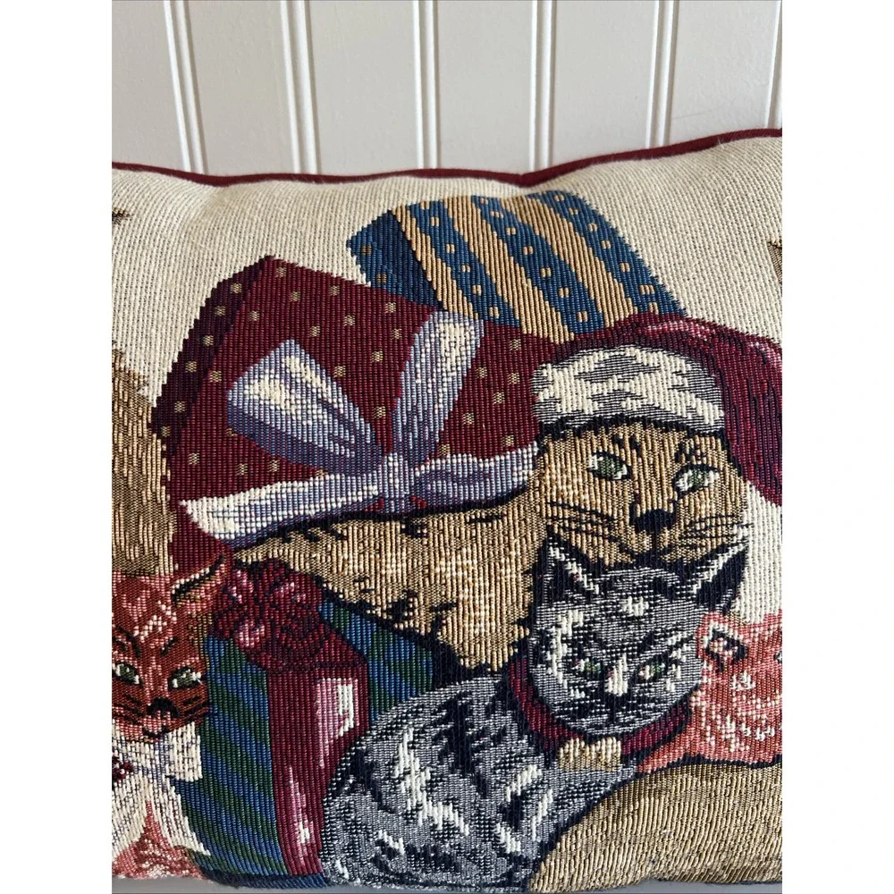 Christmas Cat Kitten Gifts Holly Santa Hat Tapestry Pillow Rectangular Used